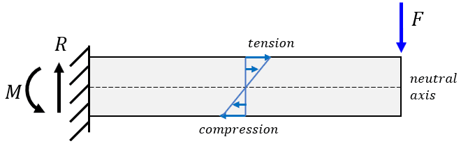 Beam under load showing reaction moment and at a cut section the plus linear bending stress distribution (tension/compression).